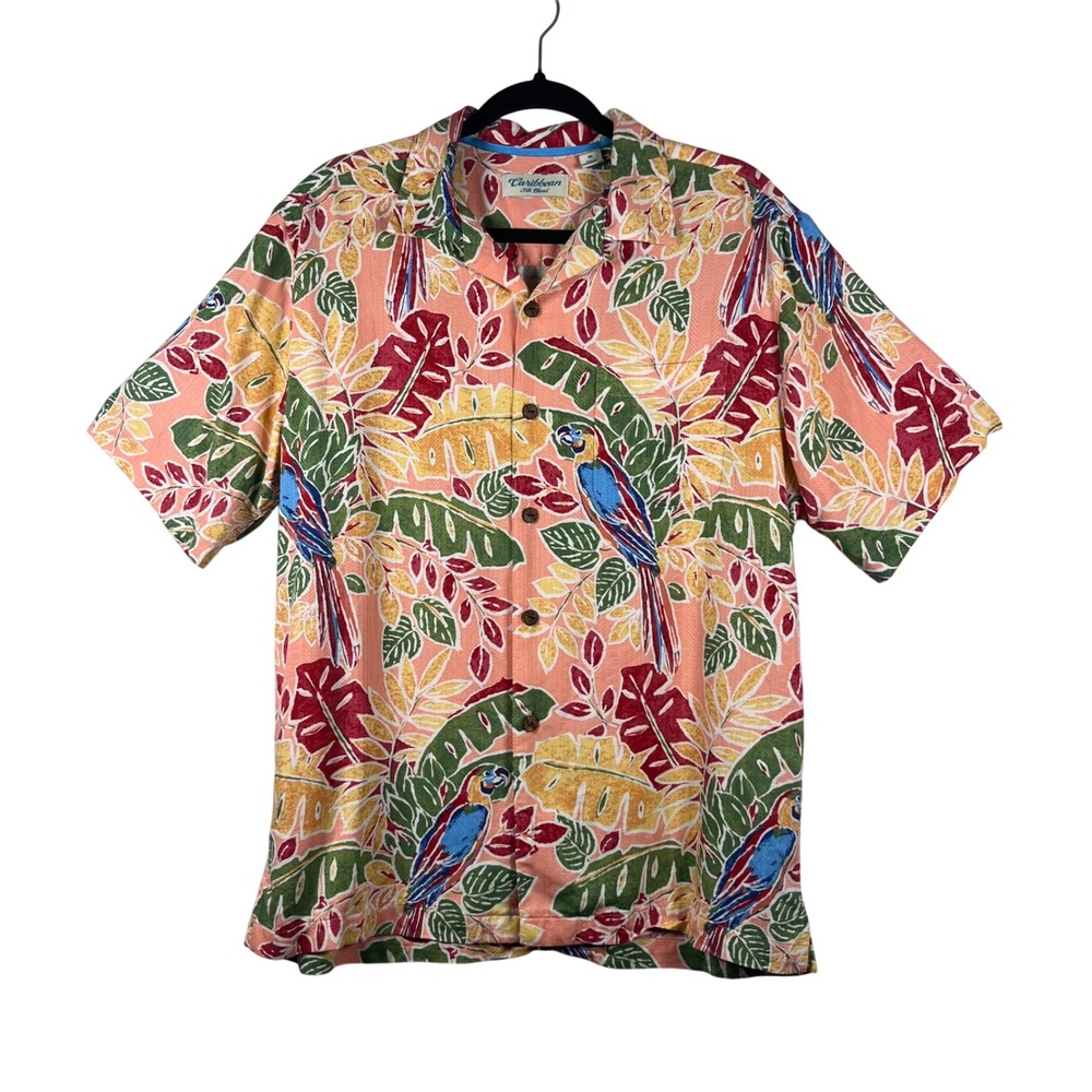Caribbean Button Down Shirt Mens Peach Tropical Parrot Silk Blend Size  M